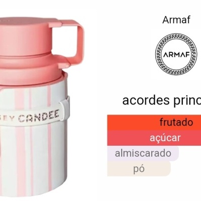 frasco de perfume rosa e branco da marca Armaf com logotipo e acordes principais