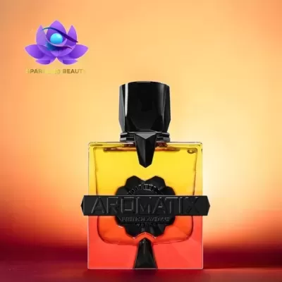 Frasco de perfume quadrado AROMATIX com líquido amarelo e vermelho e tampa preta