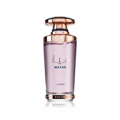 Frasco de perfume Mayar da Lattafa com líquido cor de rosa claro e detalhes dourados rosados