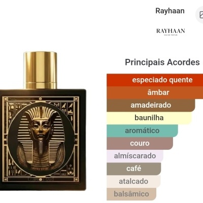 Frasco de perfume preto e dourado com imagem de faraó e lista de acordes olfativos em texto