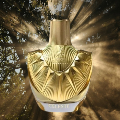 Frasco dourado de perfume CELESTE com fundo de raios de luz e árvores
