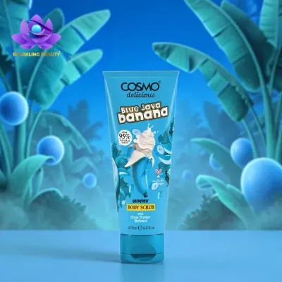 Frasco azul de esfoliante corporal COSMO delicious Blue Java Banana com ilustrações de banana e folhagem azul
