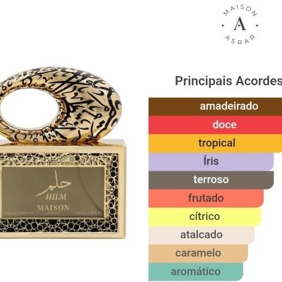 Frasco de perfume dourado com tampa oval decorada e gráfica com acordes aromáticos em português.