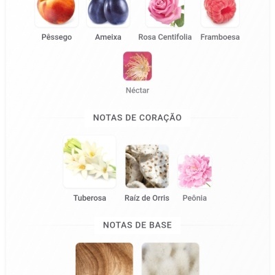 Notas olfativas de perfume com imagens de pêssego, ameixa, rosa, framboesa, néctar, tuberosa, raíz de orris, peônia, madeira Iso E Super e almíscar branco.