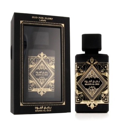 Frasco preto de perfume Badee Al Oud com embalagem preta e dourada