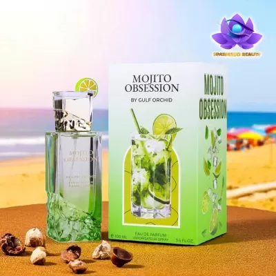 Perfume Mojito Obsession by Gulf Orchid, frasco verde e caixa com imagem de cocktail mojito, na praia