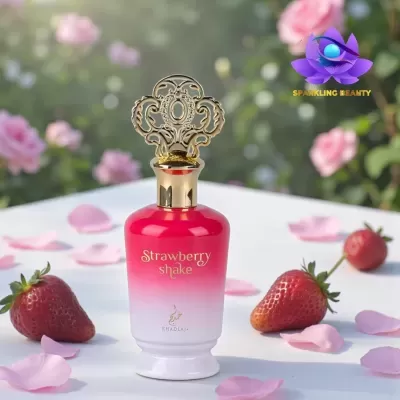 Frasco de perfume Strawberry shake com tampa dourada decorativa