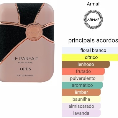 Frasco de perfume rosa e preto Armaf Le Parfait Pour Femme Opus com acordos olfativos coloridos listados ao lado.