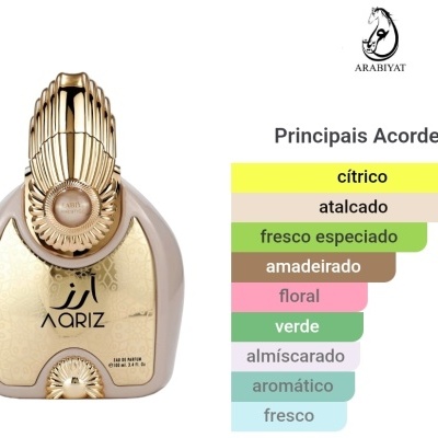 Frasco de perfume dourado com texto e lista de acordes aromáticos