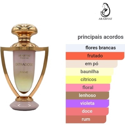 frasco de perfume ARABIYAT PRESTIGE EXTRADOSE FEMME com tampa e estrutura dourada e vidro com gradiente lilás para amarelo