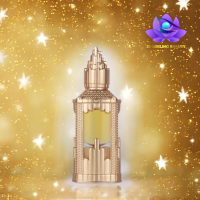 Frasco dourado decorativo com líquido amarelo em fundo dourado com estrelas.