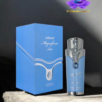 Embalagem e frasco de perfume ARMAF Magnificent Satin azul e prata