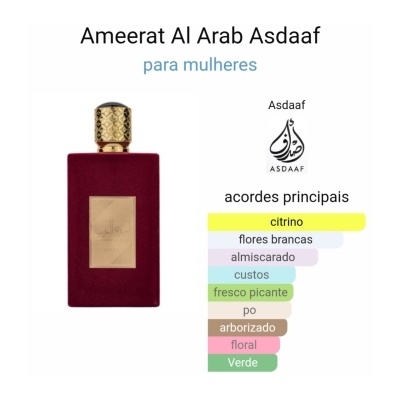 Frasco vermelho vinho de perfume Ameerat Al Arab Asdaaf com tampa dourada e etiquetas coloridas
