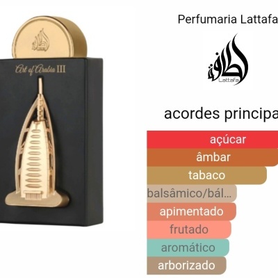 Embalagem de perfume preta com relevo dourado do edifício Burj Al Arab e texto 'Art of Arabia III'