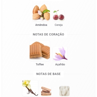 Notas olfativas com imagens de amêndoa, cereja, toffee, açafrão, baunilha, sândalo e almíscar branco.