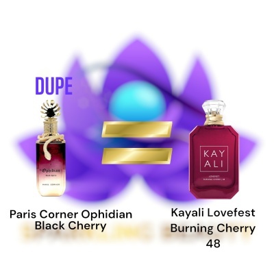 Dois frascos de perfume Paris Corner Ophidian Black Cherry e Kayali Lovefest Burning Cherry 48 com fundo de flor roxa abstrata