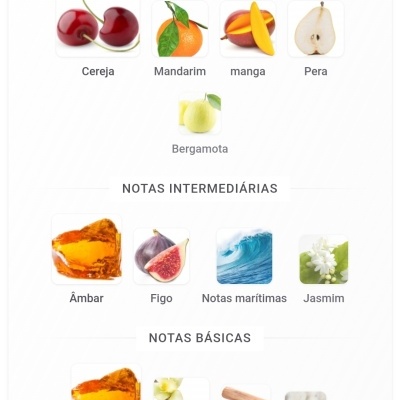 Notas de fragrância com várias frutas, flores e resinas
