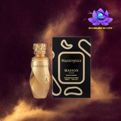 Frasco de perfume dourado Masterpiece e caixa preta com detalhes dourados