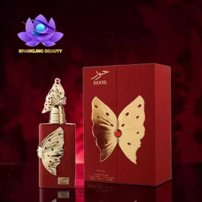 Frasco de perfume vermelho com decoração de borboleta dourada e embalagem correspondente