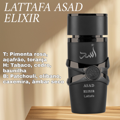 Frasco preto fosco de perfume Lattafa Asad Elixir em fundo bege com texto explicativo