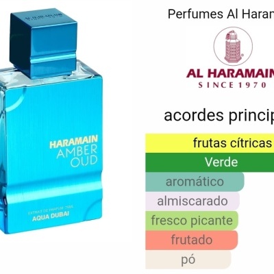 Frasco azul de perfume Haramain Amber Oud com texto e logotipo Al Haramain
