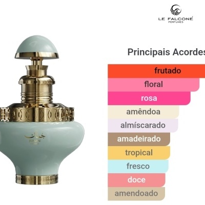 Frasco azul claro de perfume JUMAN EXCLUSIVE com decorações douradas e lista de principais acordes ao lado
