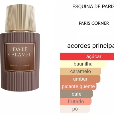 Frasco de perfume Date Caramel da Paris Corner em vidro castanho escuro texturizado e tampa dourada ao lado de gráfico de notas de fragrância