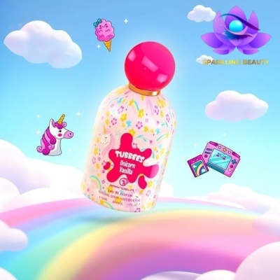 Frasco de perfume turques com tema unicórnio e fundo colorido de arco-íris e nuvens