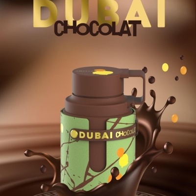 Frasco de perfume Dubai Chocolat Armaf com salpicos de chocolate