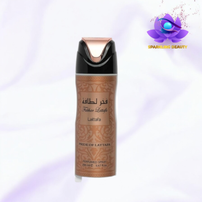 Spray perfumado Fakhar Lattafa 200 ml castanho e preto com logotipo Sparkling Beauty