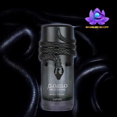 Frasco de perfume Musamam Black Intense da Lattafa com design de cobra preta
