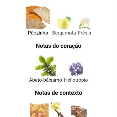 Notas olfativas divididas em principais, coração e contexto com imagens correspondentes