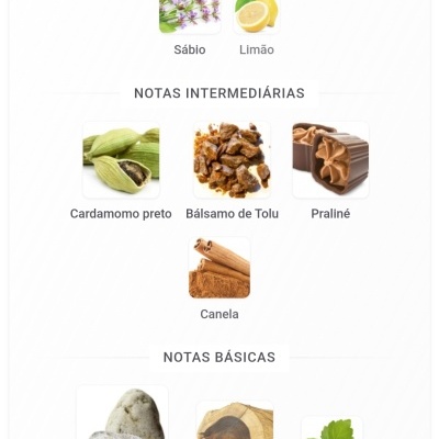 Notas principais, intermédias e básicas com imagens de plantas, especiarias e confeito