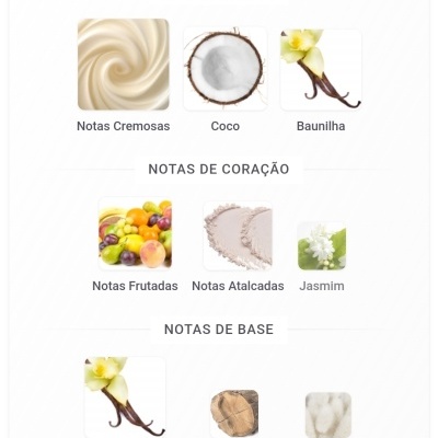 Notas de fragrância representadas por imagens de ingredientes e seus nomes.