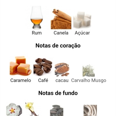 Notas aromáticas principais, de coração e de fundo com fotos dos ingredientes correspondentes