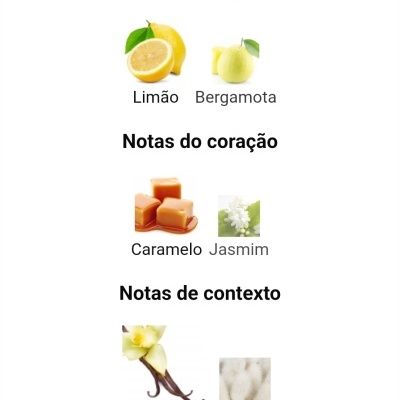 Notas principais: Limão, Bergamota; notas do coração: Caramelo, Jasmim; notas de contexto: Baunilha, Almíscar com imagens correspondentes.
