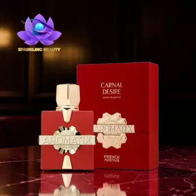 Frasco e caixa de perfume vermelho Carnal Desire Aromatix French Avenue