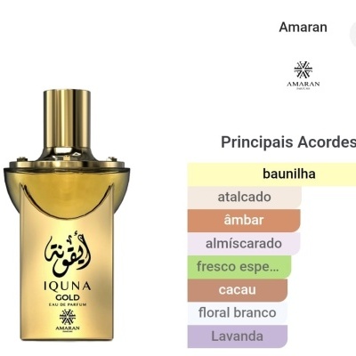 Frasco dourado de perfume IQUNA GOLD com lista de acordes aromáticos ao lado.