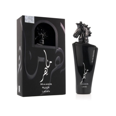 Frasco preto de perfume com tampa em forma de cabeça de cavalo e caixa preta ao lado