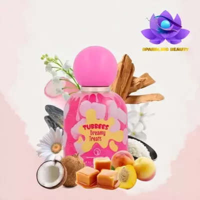 Frasco rosa TUBEES Dreamy Treats com ingredientes naturais e logo SPARKLING BEAUTY