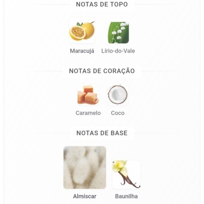 Notas de fragrância com imagens de maracujá, lírio-do-vale, caramelo, coco, almíscar e baunilha