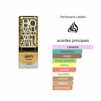 Frasco de perfume Jasoor da Lattafa com tampa preta decorada à esquerda e lista de acordes principais à direita.