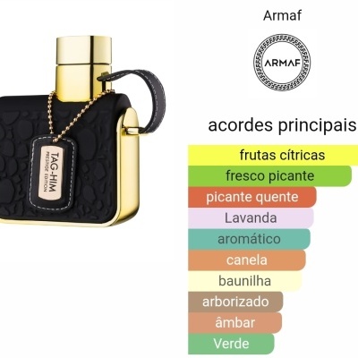 Frasco de perfume Armaf Tag Him preto e dourado com etiqueta e texto dos acordes principais.