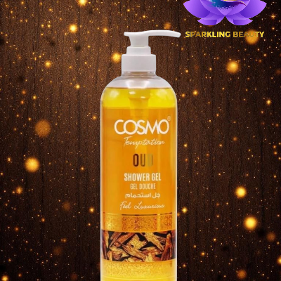 Frasco de gel de duche amarelo COSMO Temptation OUI com doseador sobre fundo decorativo dourado
