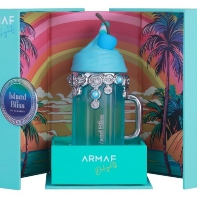 Frasco de perfume Armaf Island Bliss em caixa azul com ilustração tropical
