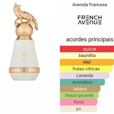 Frasco de perfume branco com tampa dourada em forma de raposa, com texto dourado 'UNA' e gráfico de notas aromáticas ao lado