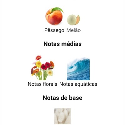 Notas olfativas de perfume com Pêssego, Melão, flores, onda aquática e almíscar.