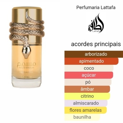 Frasco de perfume dourado com serpente prateada e lista de acordes em cores variadas