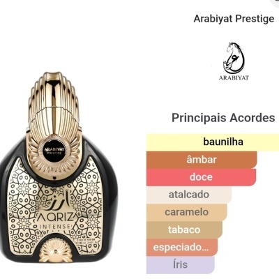 Frasco de perfume Aoriz Intense preto com detalhes dourados e gráfico de principais acordes