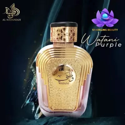 Frasco de perfume Watani Purple dourado em fundo escuro